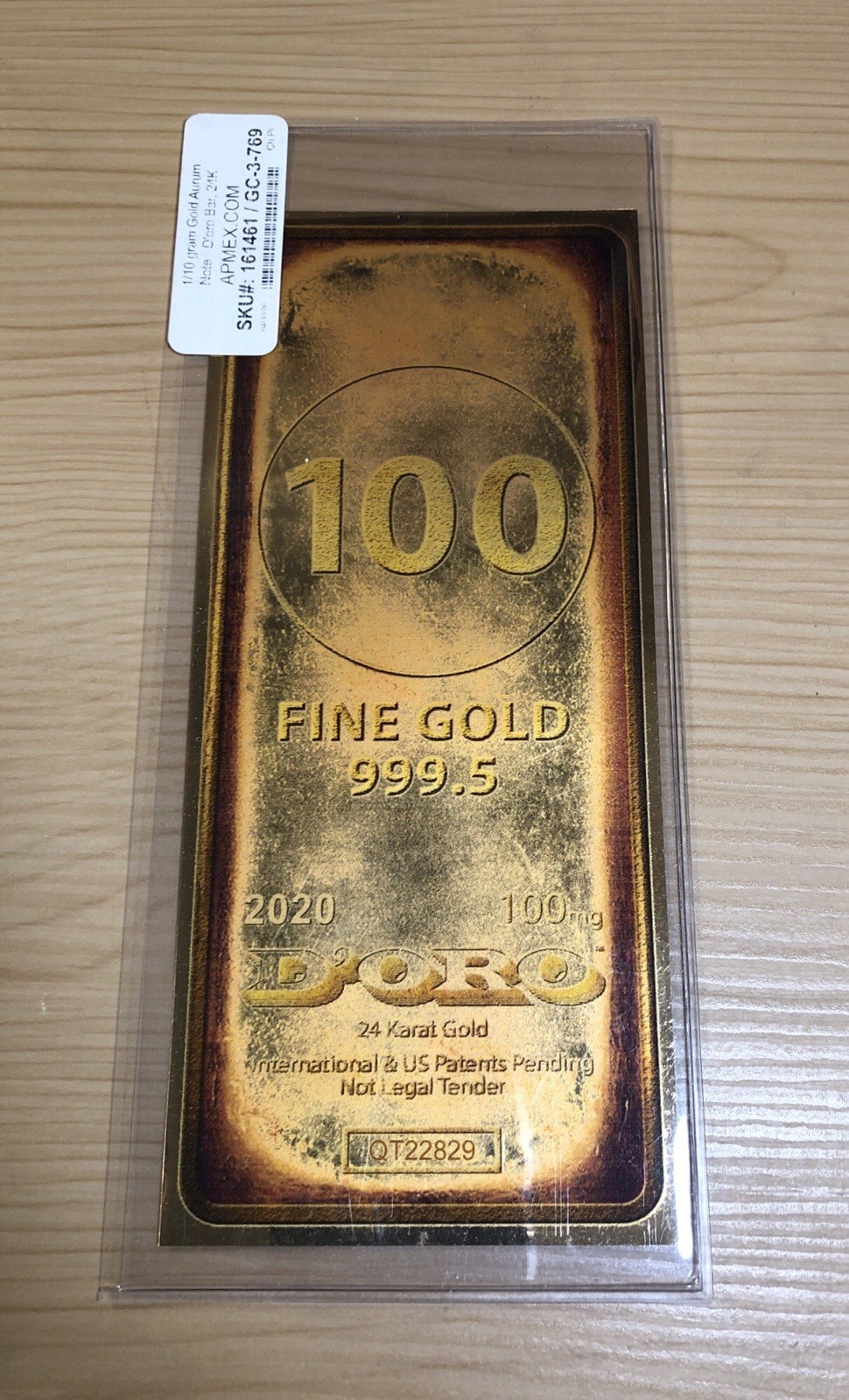 100 Milligram Gold Aurum Note 24 Karat .9995 Pure Gold Foil Bar Doro 2020