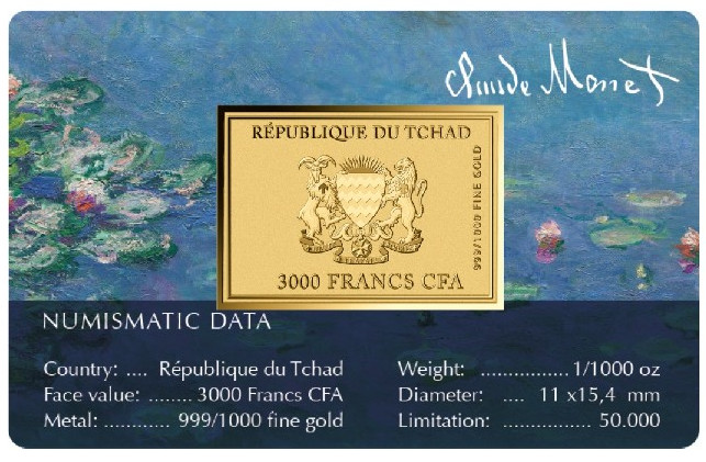 Monet Water Lillies 1/1000 Oz Gold Coin 3000 Francs Chad 2024