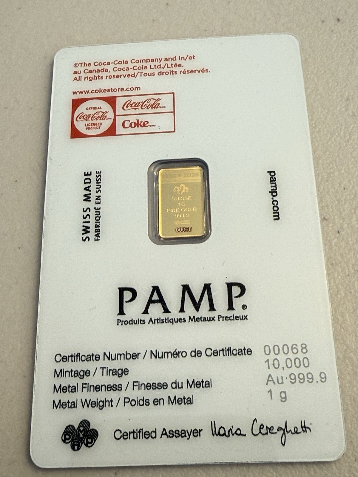 Pamp Suisse Coca-Cola Love 1g Gold Bar in Card #068 Of 10,000!!