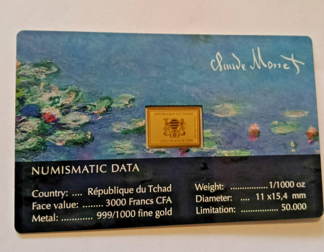 SUMMER SALE Pure gold with Claude Monet Water Lilies 1/1000th OZ CHEAPEST IN UK