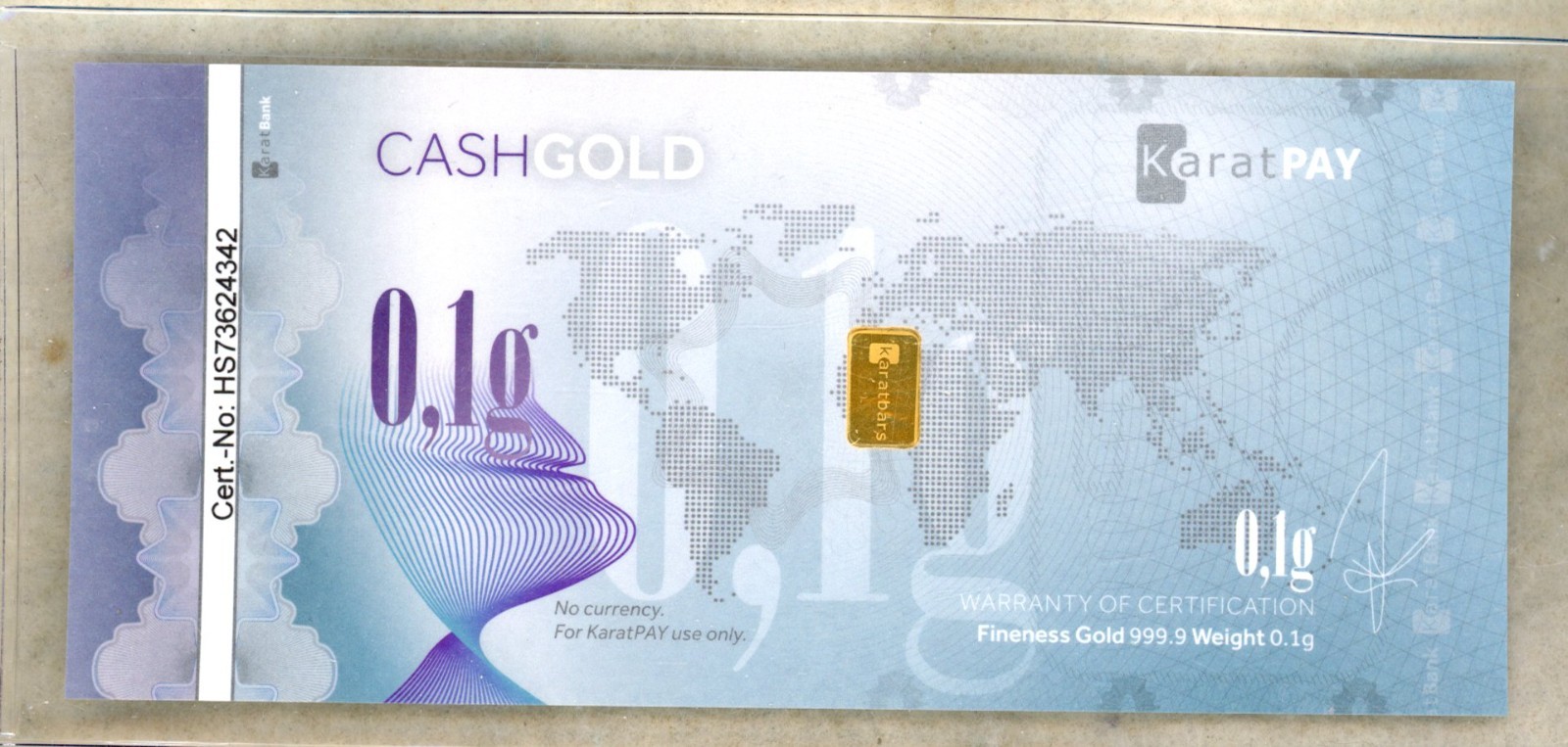 KARATPAY ~ 2016 ~ 1/10th gram 999.9 GOLD BAR ~ ON NOTE