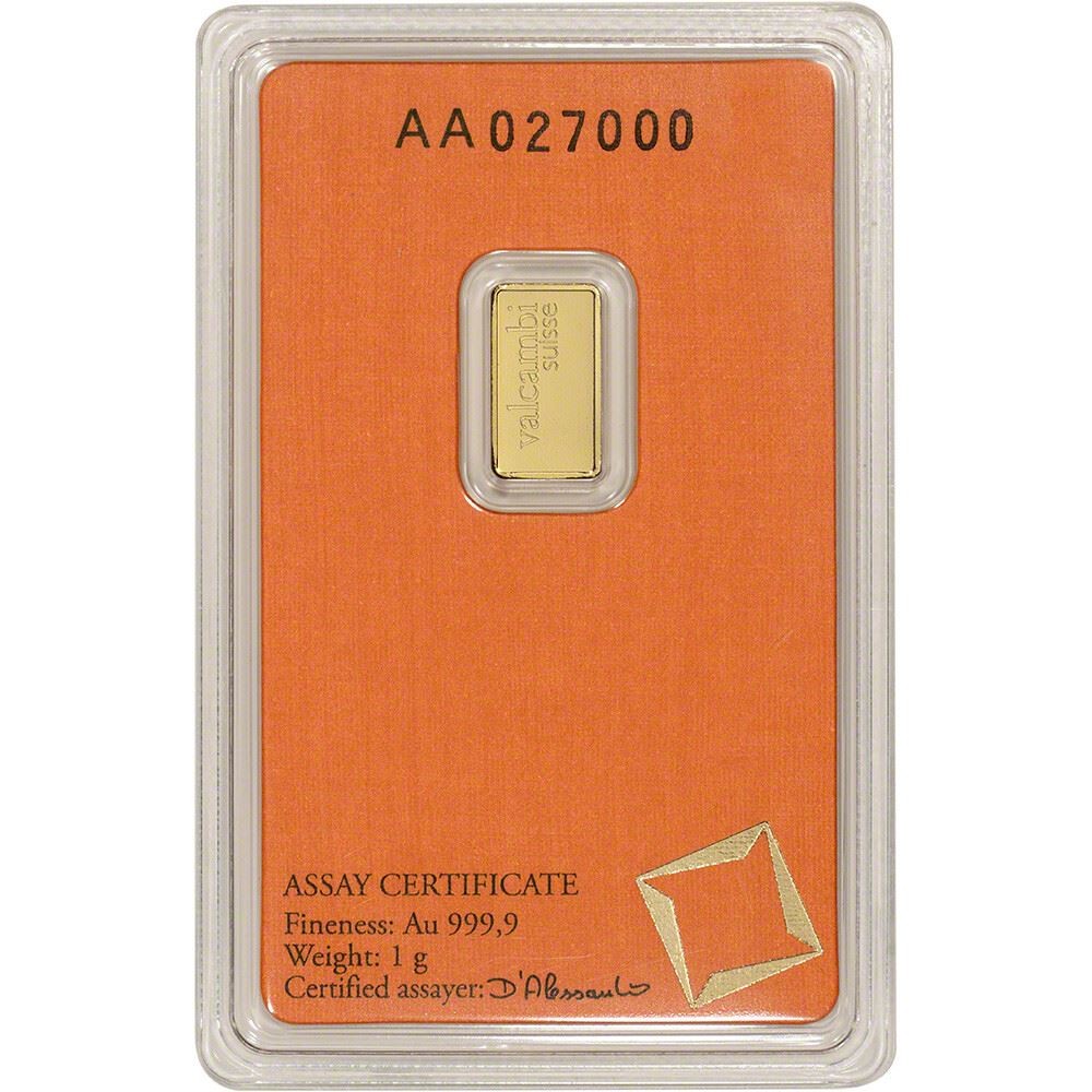 1 gram Gold Bar – Valcambi Suisse – 999.9 Fine in Sealed Assay
