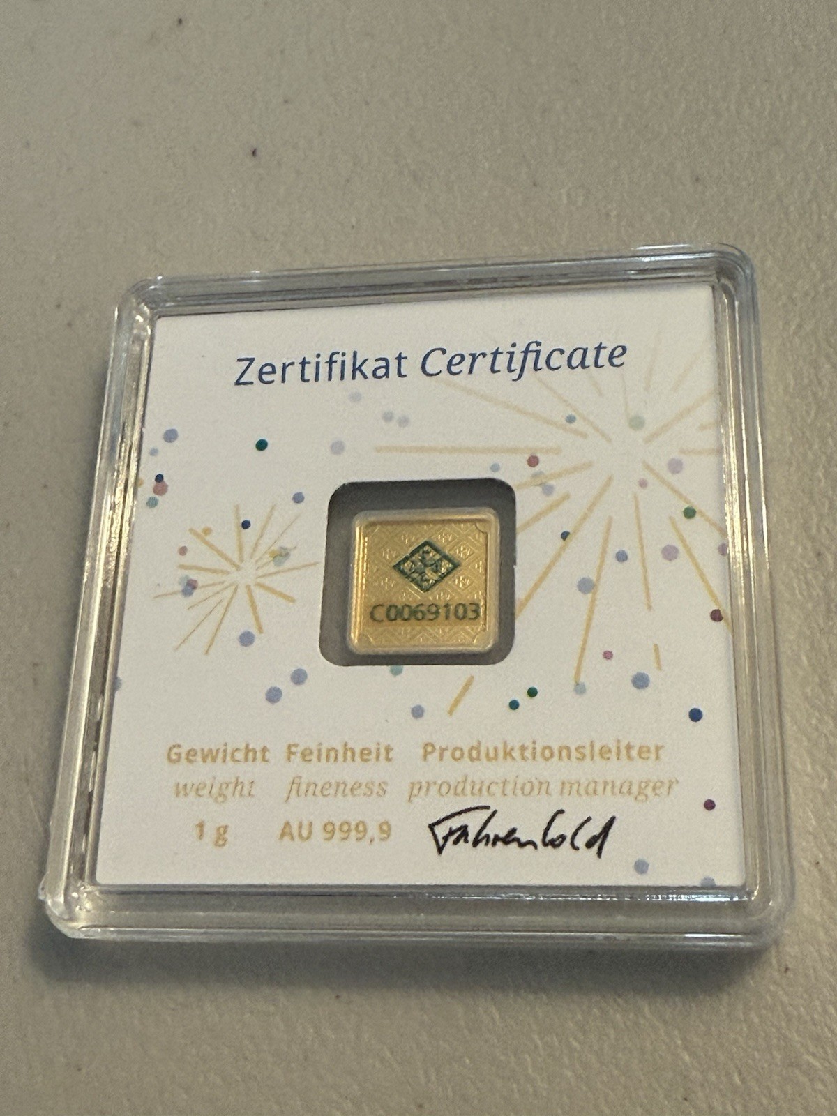 1g Gold Geiger Edelmetalle Square Bar .9999 Fine in Assay Card – Fireworks!