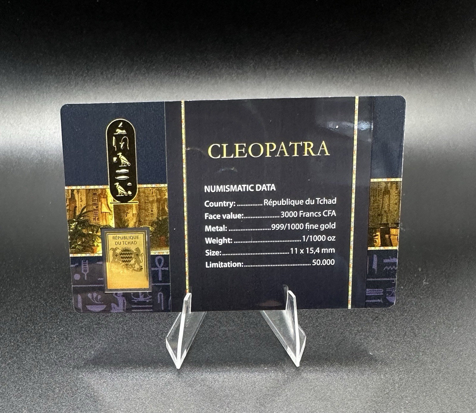 Cleopatra 1/1000 Oz .999 Gold Coin Bar 3000 Francs Chad