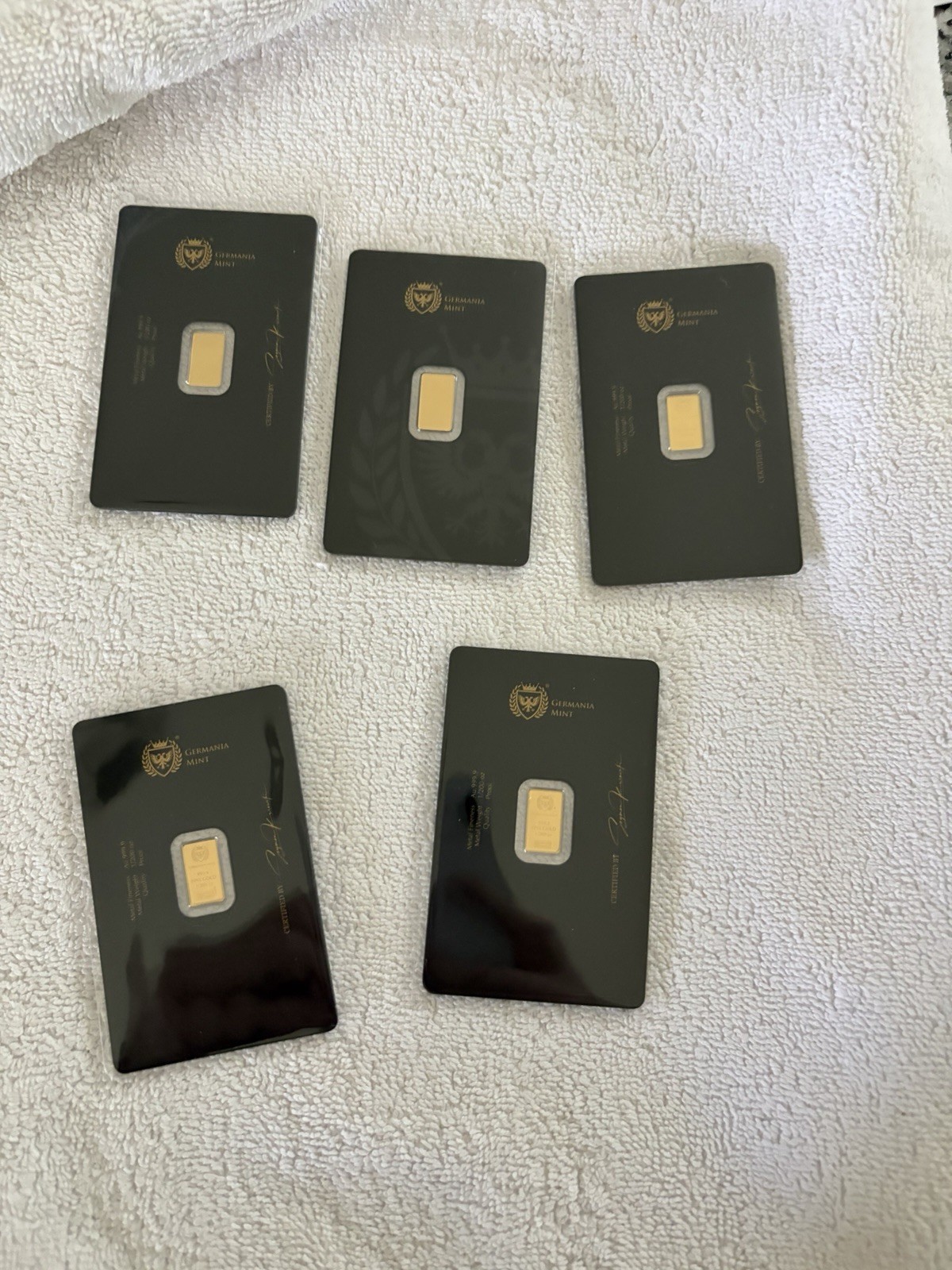 5x Germania Mint Au 999.9 Fine Gold Bar 1/200 Sealed Assay Card Lot of 5
