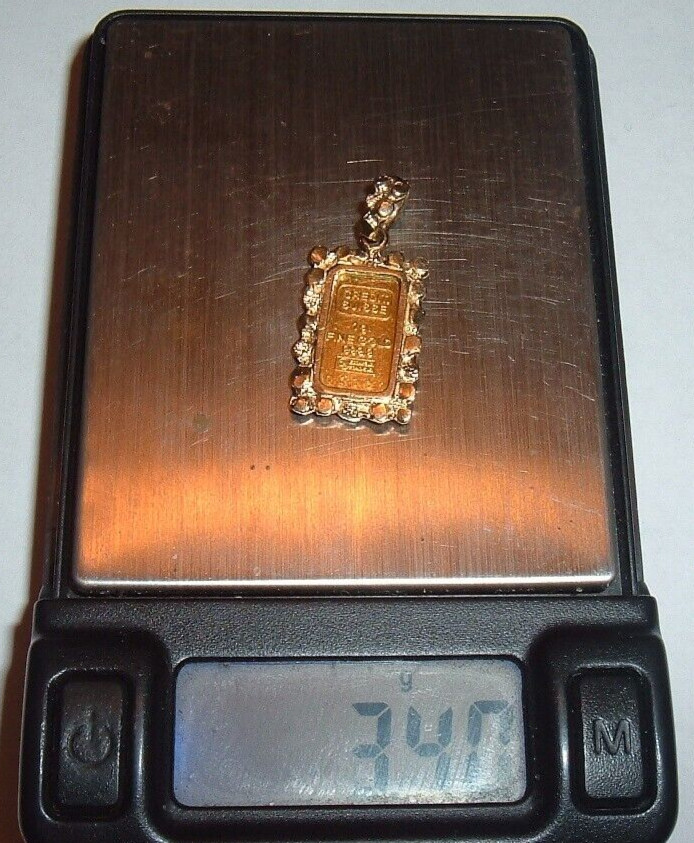 24K GOLD Credit Suisse 999.9 FINE INGOT BAR 14K NUGGET BEZEL PENDANT CHAIN 3.4g