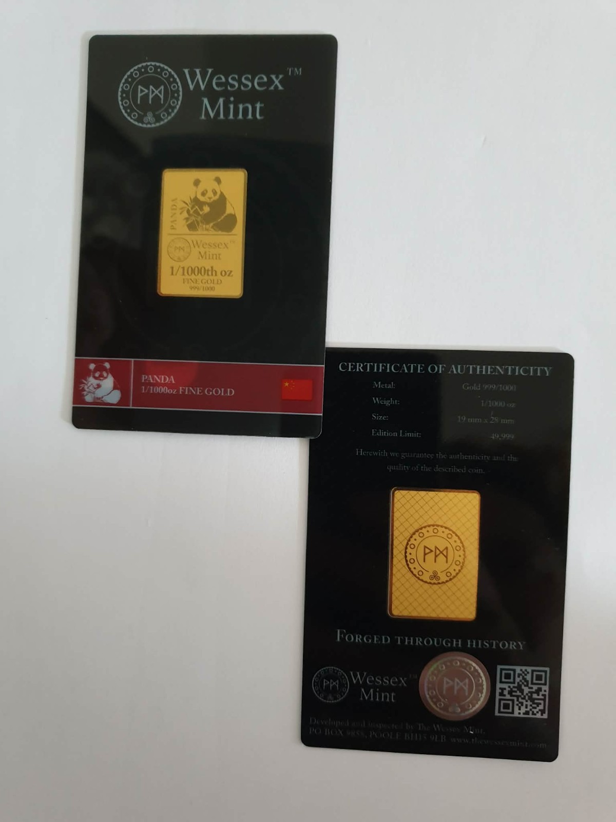 1/1000 oz Panda Design 24K Pure 999/1000 Gold Bar- Wessex Mint. LBMA CERTIFICATE