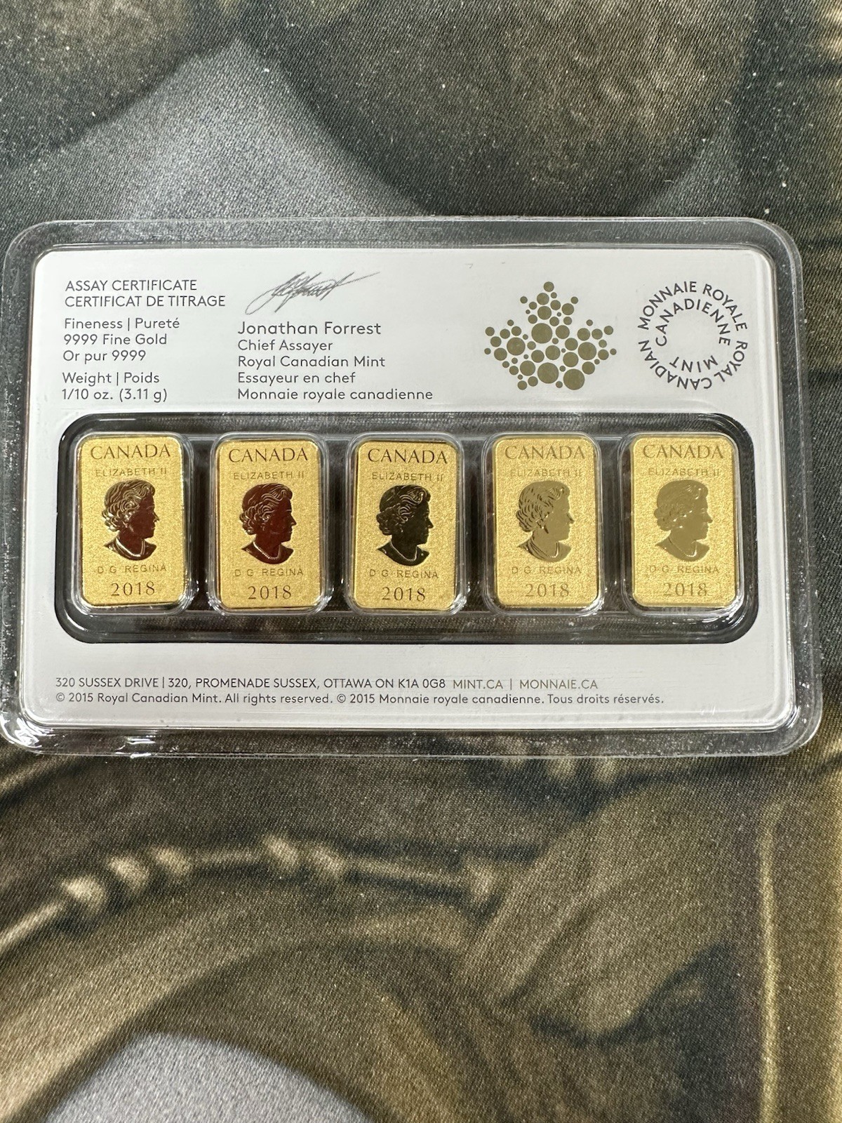 2018 Canada $25 1/10th Gold .9999 x 5 in Assay