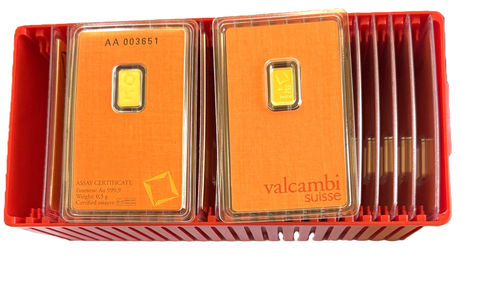 Valcambi 0.5g 999.9 Fine Gold Bar in Assay Card –