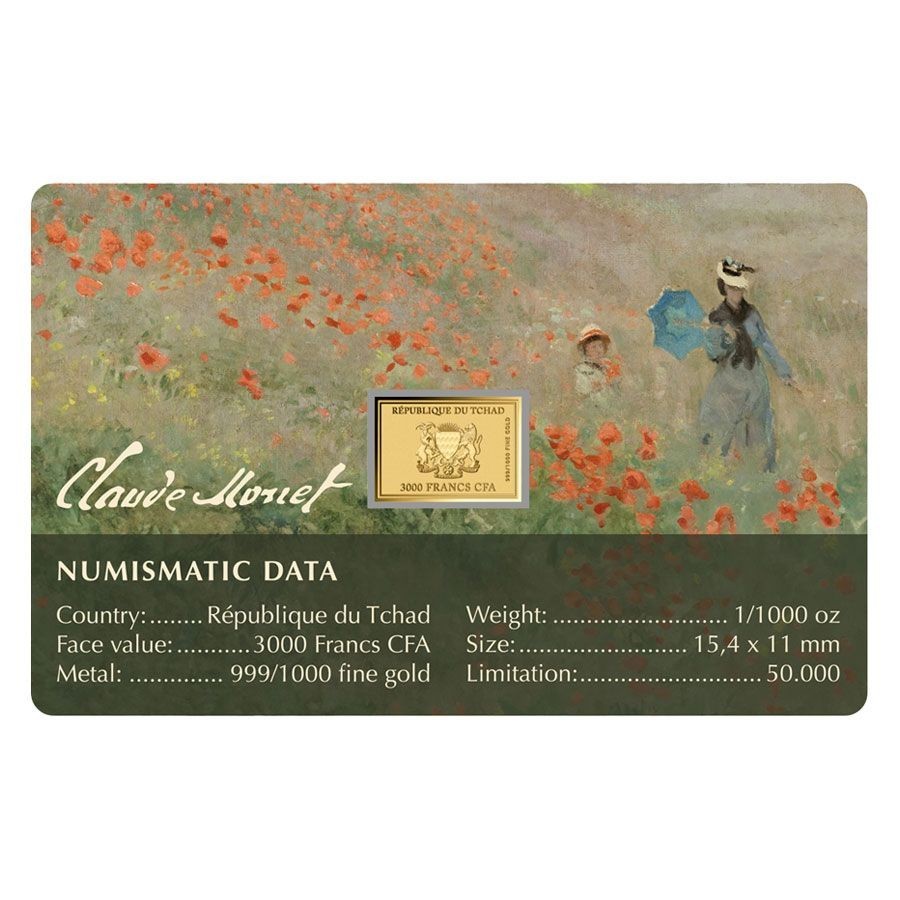 Monet The Poppy Field near Argenteuil 1/1000 Oz Gold Coin 999 card 24k