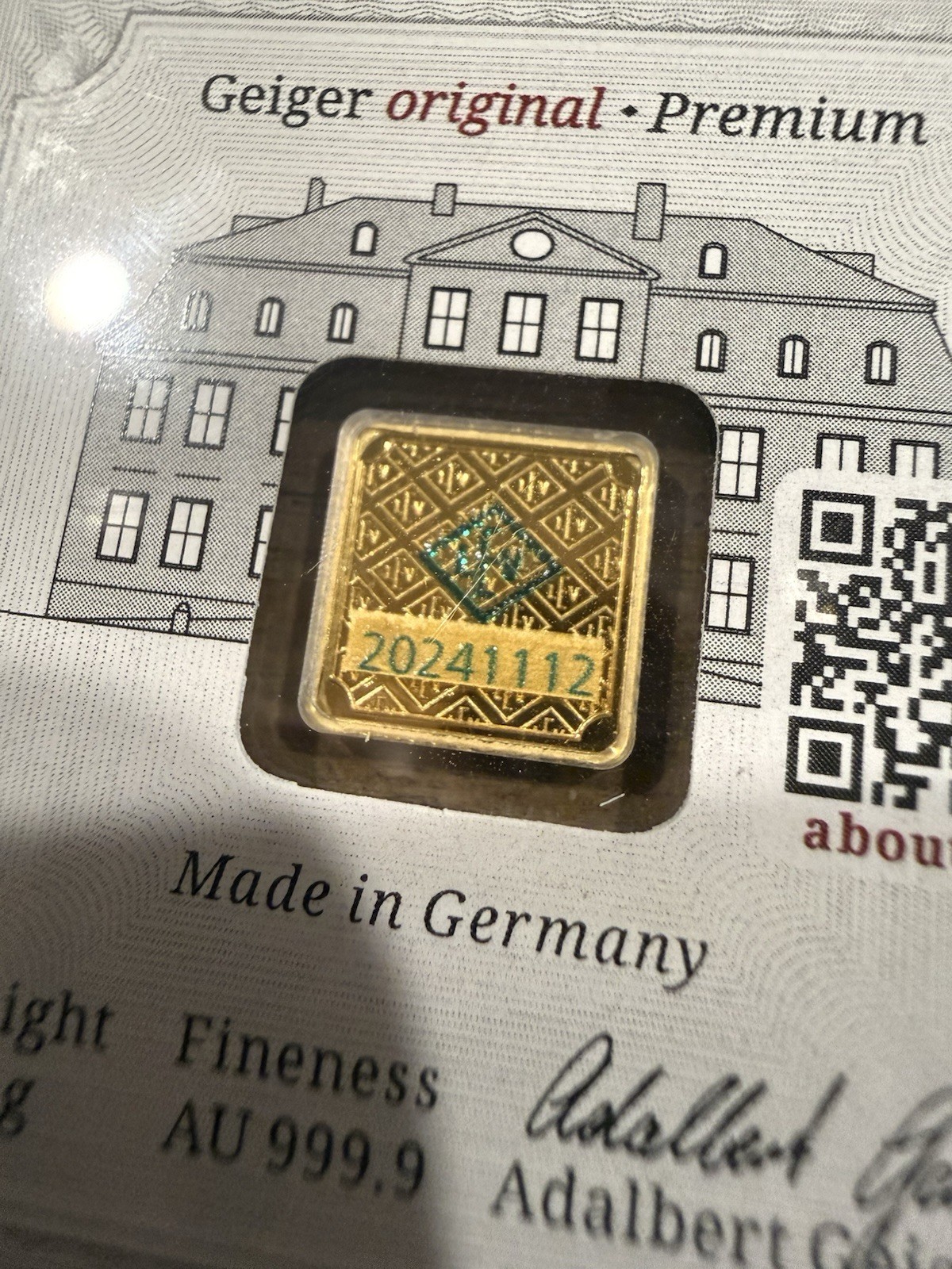Limited Edition Geiger 1g Gold Bar .9999 Fine Bullion in Assay Card