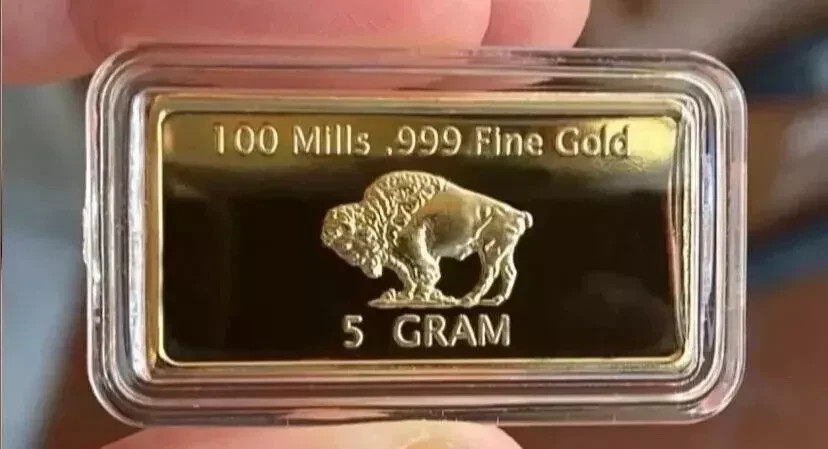 AMERICAN BUFFALO INGOT 5 GRAMS 100 MILLS GOLD PLATED FINE GOLD 999/1000