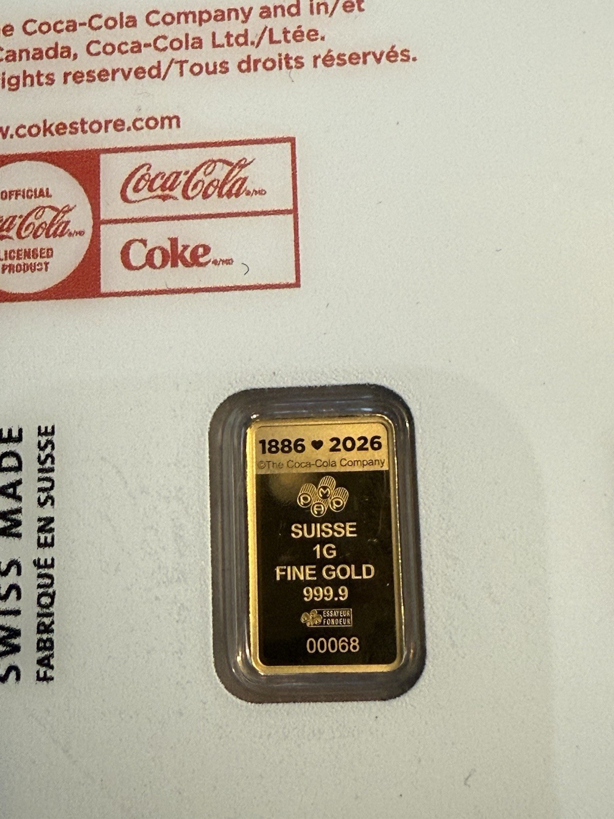 Pamp Suisse Coca-Cola Love 1g Gold Bar in Card #068 Of 10,000!!