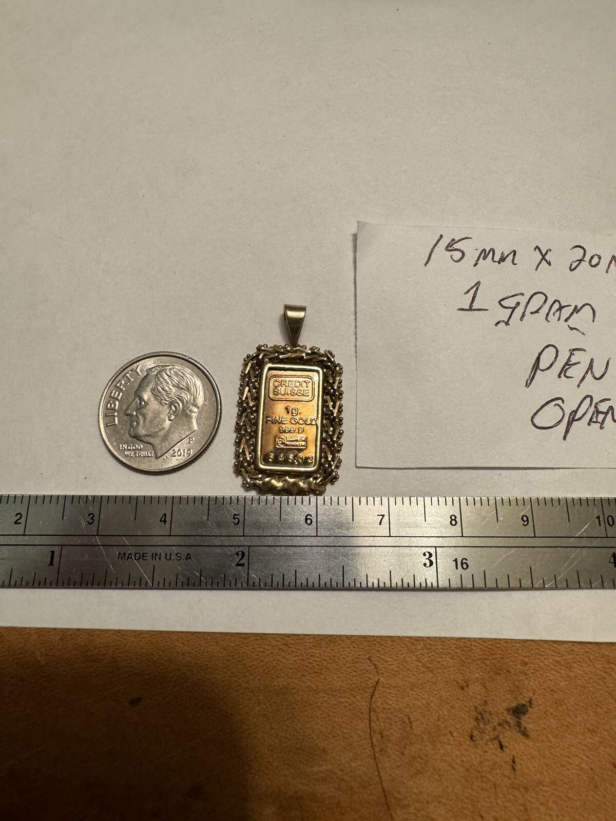 1 GRAM CREDIT SUISSE 999.9 GOLD BAR & 10K STAMPED MEXICO BEZEL PENDANT 3.2 GRAM