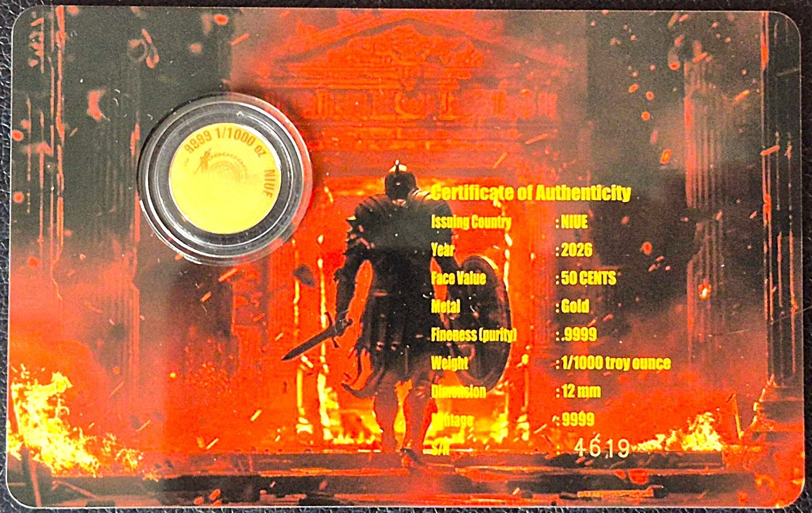 2026 NIUE 50C 1/1000th TROY Oz .999 FINE GOLD GOD OF WAR C.O.A. #4619