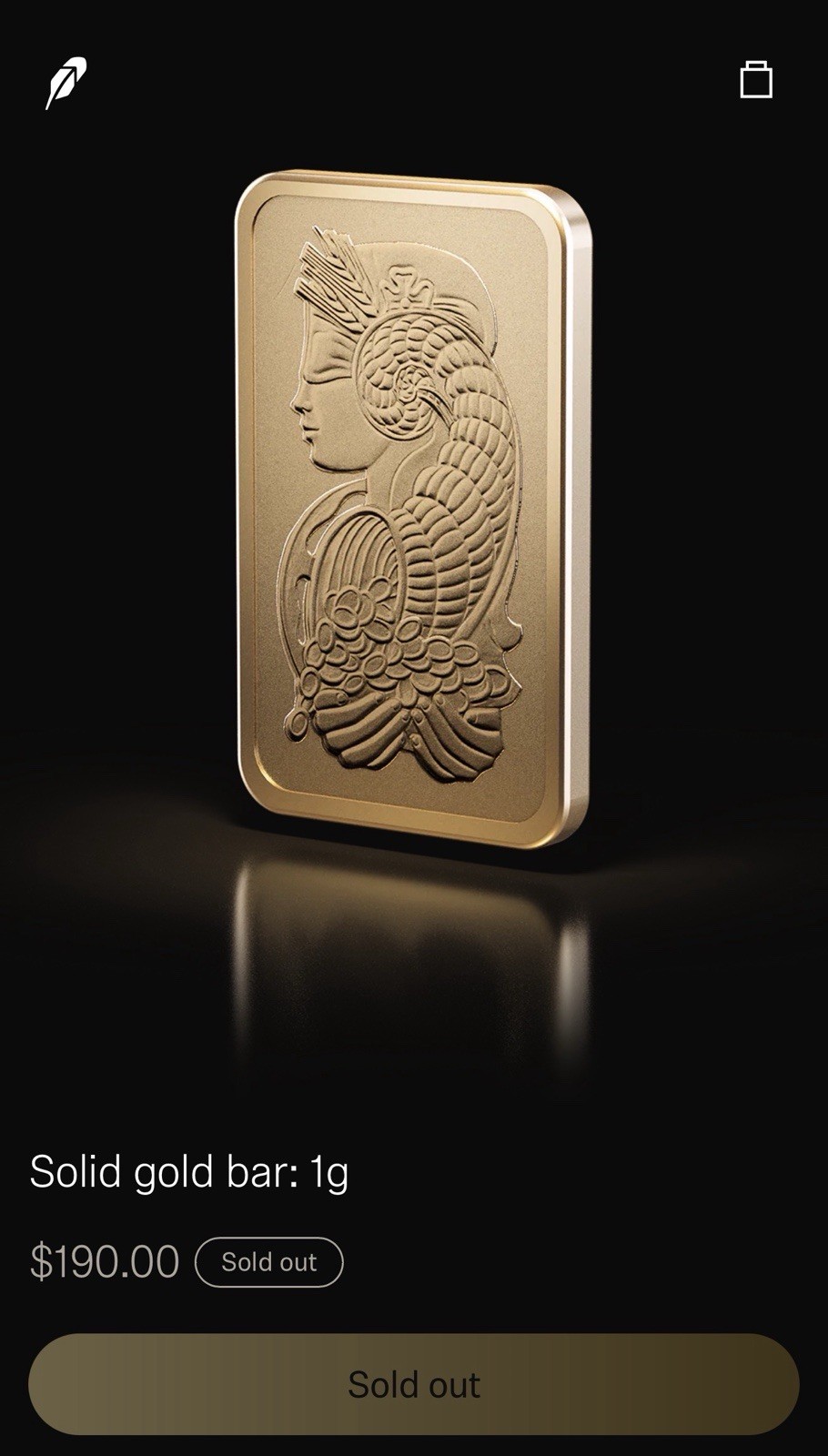 Robinhood Solid gold bar: Contains 1 gram (0.03215 oz) of .9999 fine gold