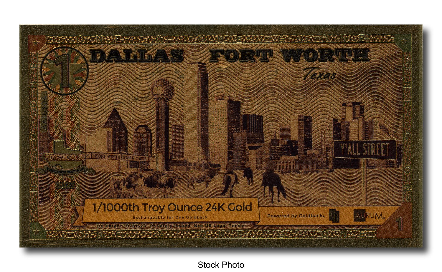 2025 Dallas Forth Worth Texas 1/1000 oz 24K Gold Foil Limited Edition 1 Goldback