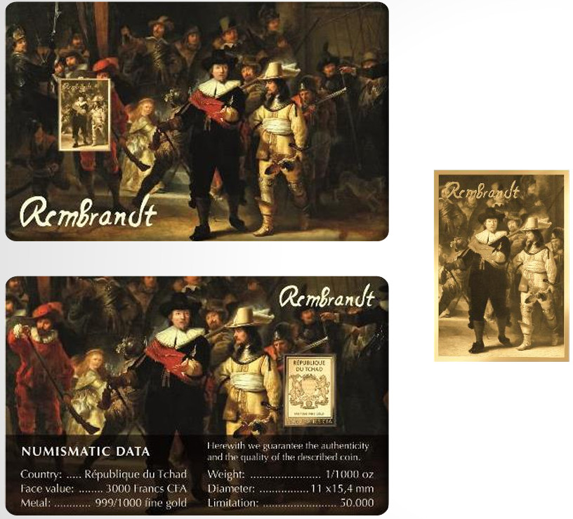 Nightwatch By Rembrandt 1/1000 Oz 999 Gold Coin Bar card