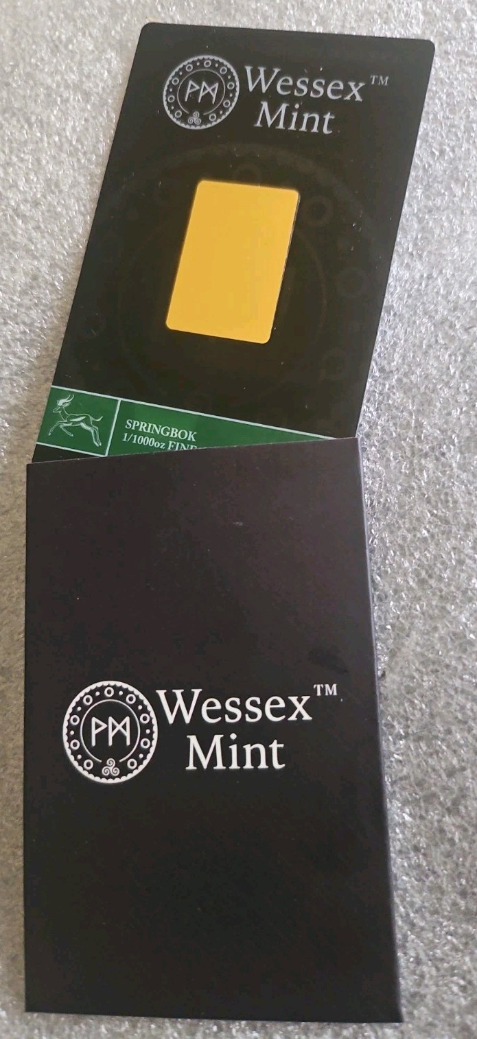 Wessex Mint 1/1000oz Fine Gold Bullion Bar Springbok With COA Limited Ed