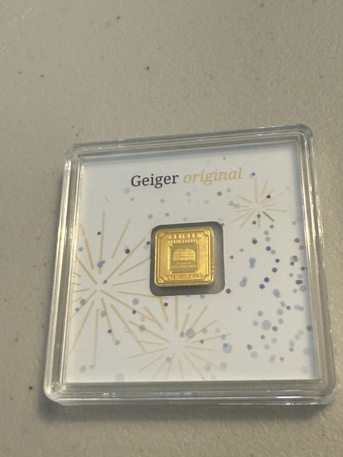 1g Gold Geiger Edelmetalle Square Bar .9999 Fine in Assay Card – Fireworks!