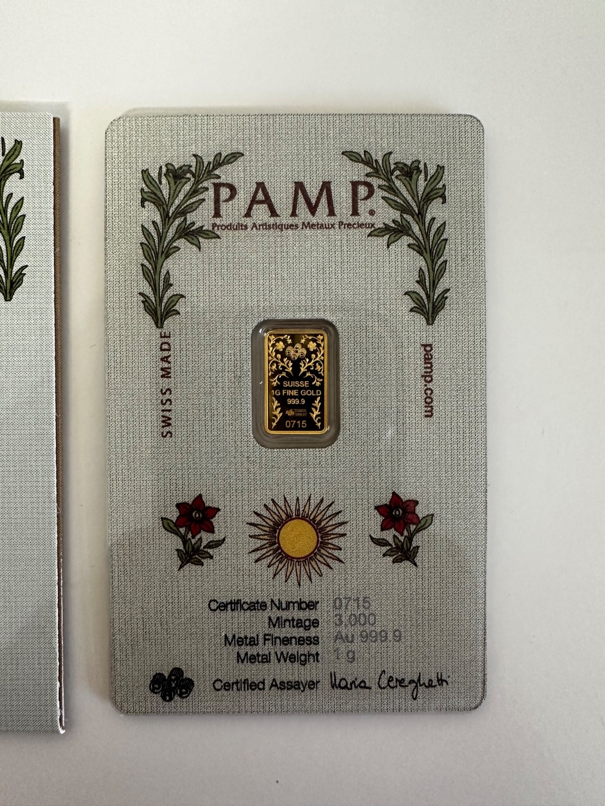 PAMP Suisse Una & The Lion 1 Gram Gold Bar 1g Gold Bar .999 Limited Mintage 3000