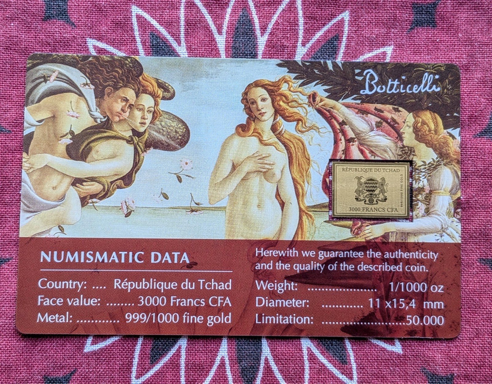Chad BIRTH OF VENUS Botticelli 1/1000 Oz .999 Gold Coin in card 2023 50k Mintage