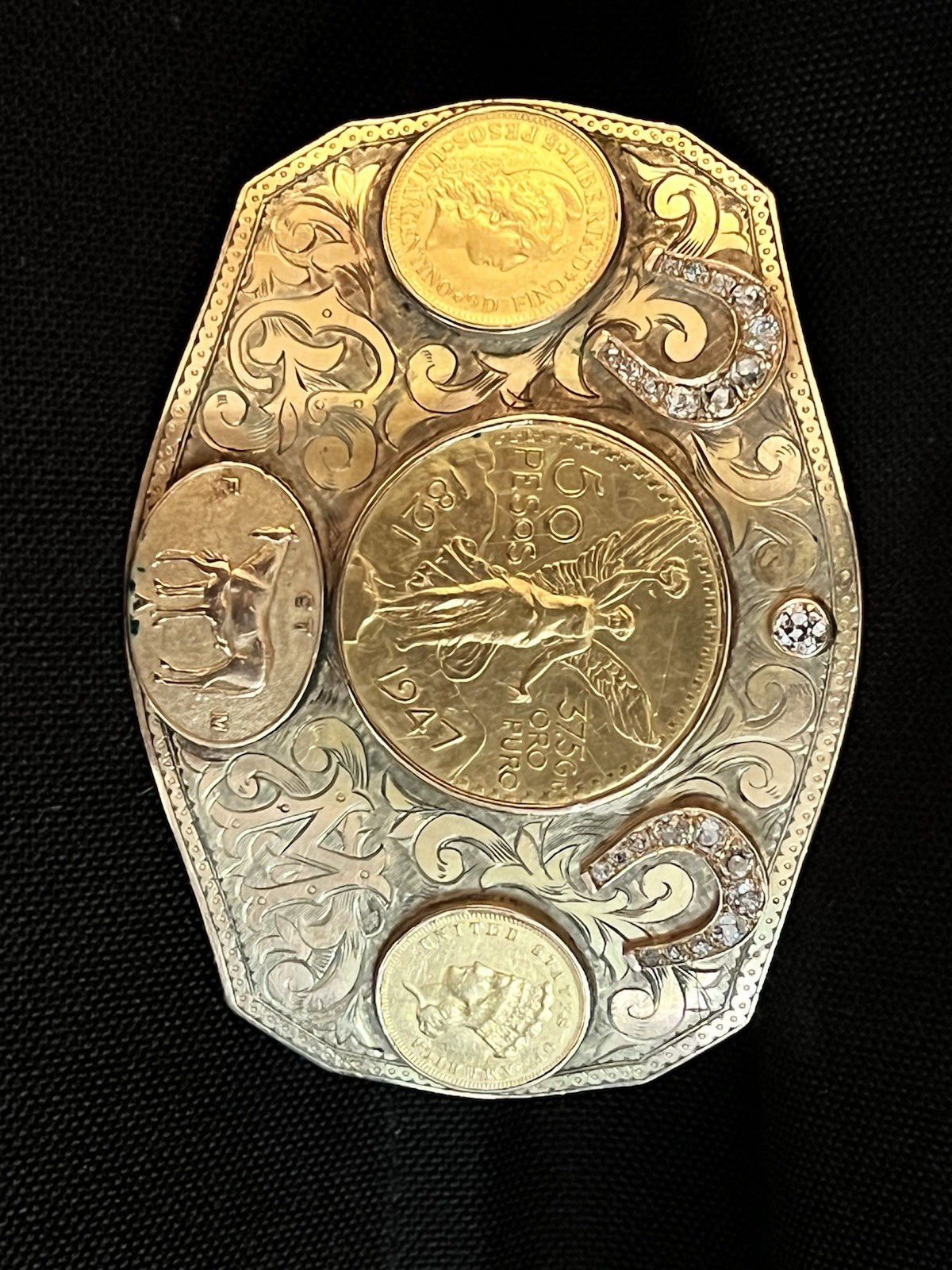 Ornate Gold Coin and Diamond Belt Buckle