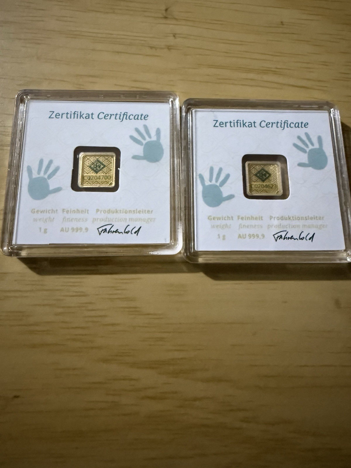 1 Gram X2 Gold 0.9999 Geiger Edelmetalle Bars in Assay GREAT Baby Shower Present