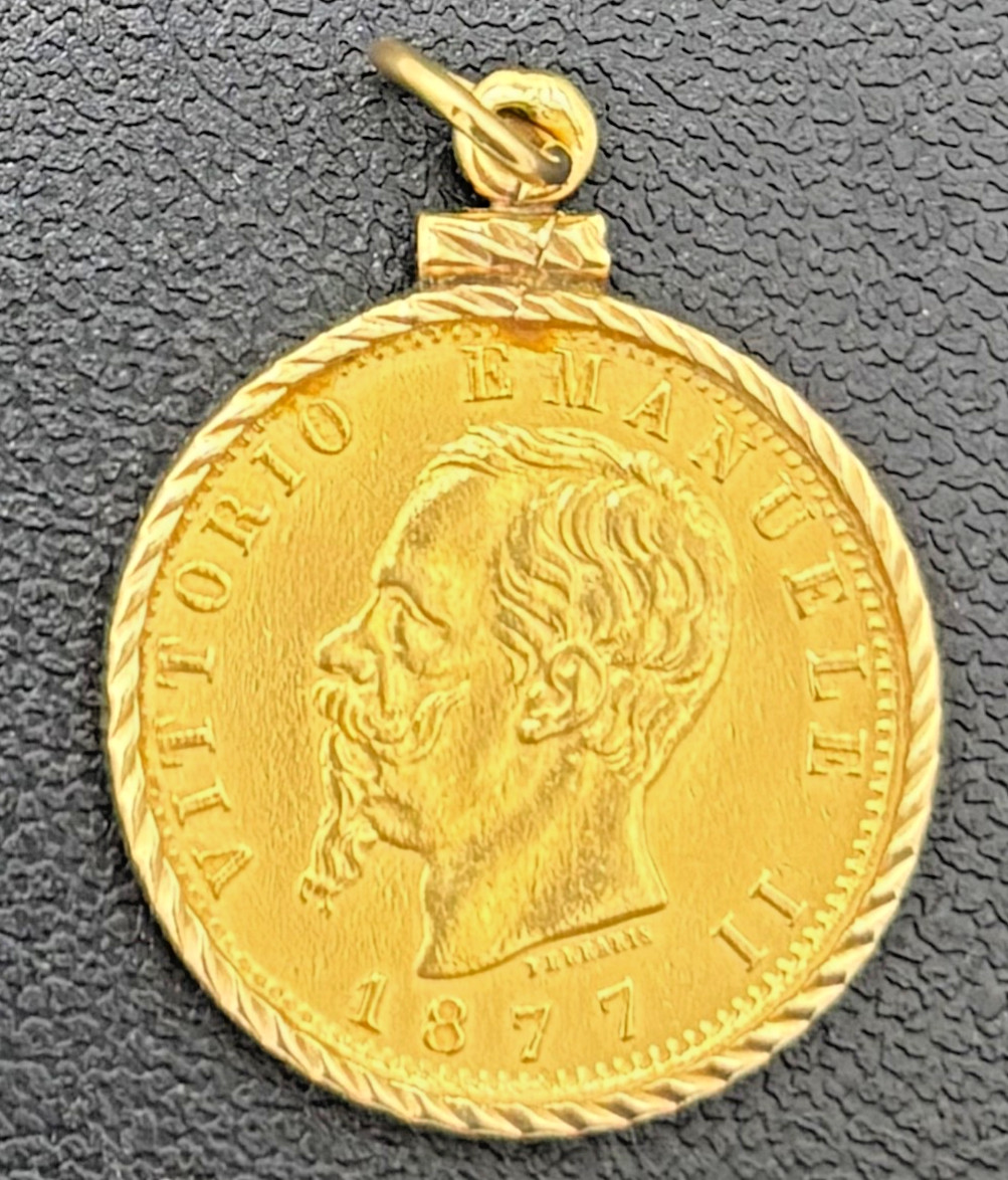 1877 Italy 20 Lire 90% Gold Coin in 14kt Yellow Gold Bezel Pendant 5mm Bale