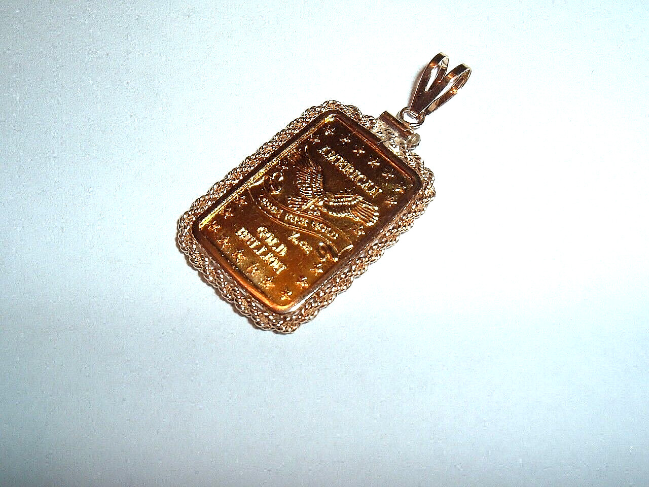 1/10 oz 24K GOLD 999.9 FINE INGOT BAR w / 14K ROPE BEZEL PENDANT CHAIN NECKLACE