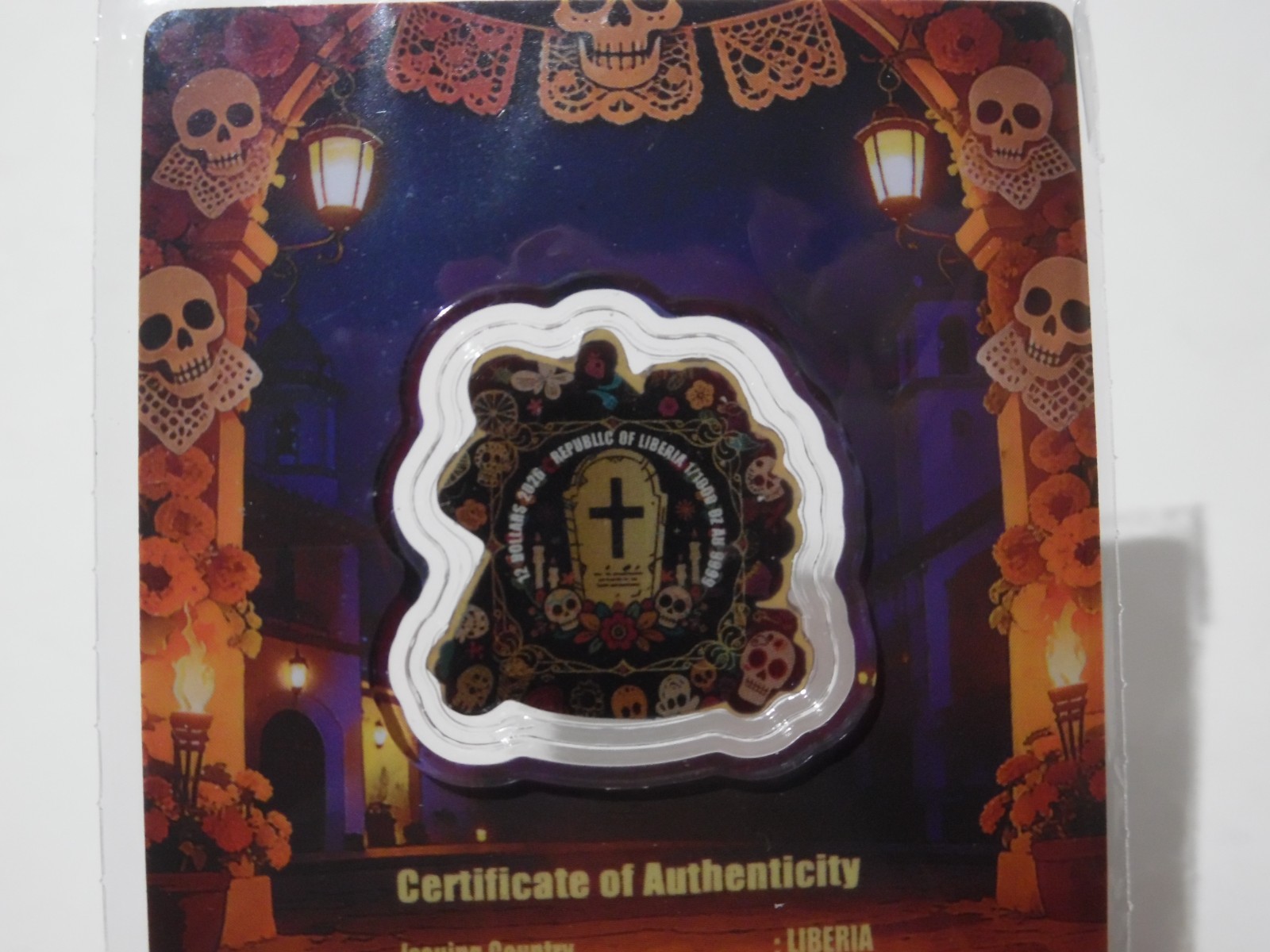 2026 Liberia 1/1000th Gold Carded Dia De Los Muertos Special Shaped with Capsule