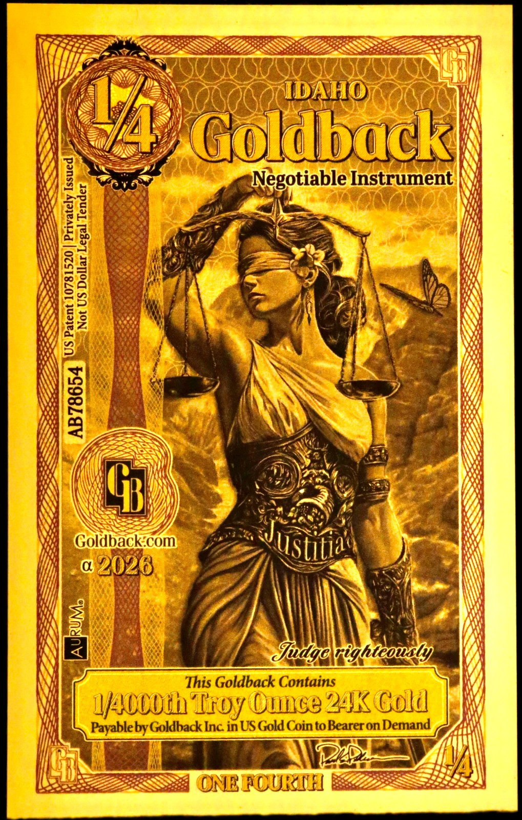 2026 1/4 Idaho GOLDBACK Gold Note 100-PACK – New 24k GOLD ALPHA NOTE W/ UV BG92