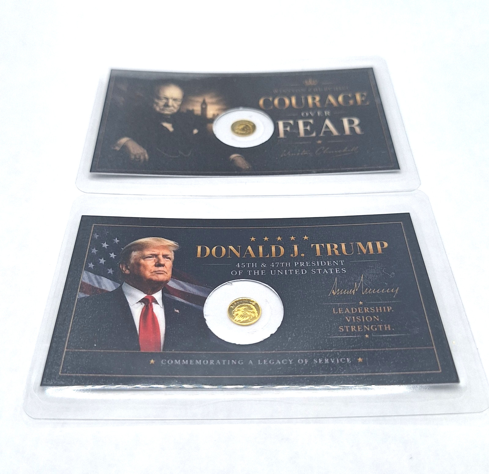 Set of 2 Trump & Churchill Tribute Cards w/ Genuine 1/500 oz .9999 Gold Rounds