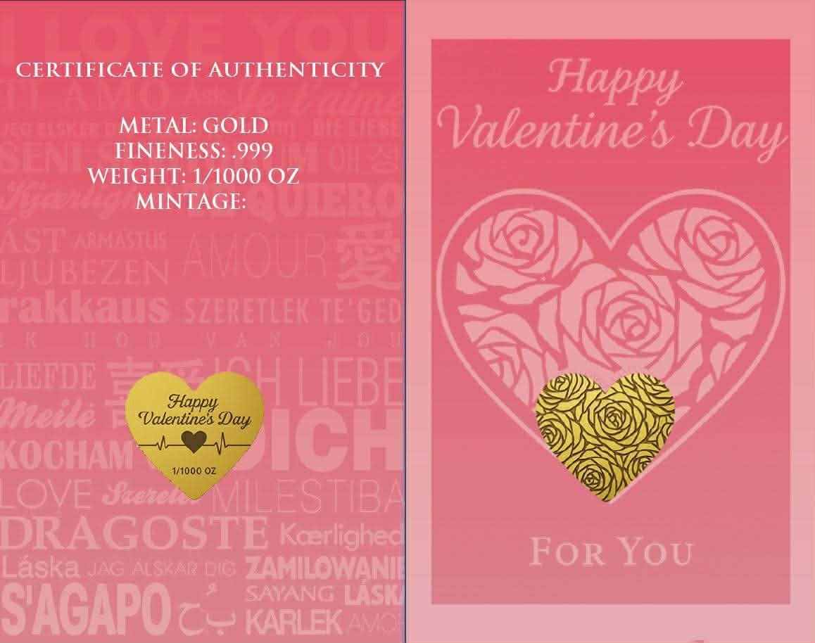 Happy Valentine’s Day 1/1000 oz Heart Shaped Gold in Card (5,000 Mintage)