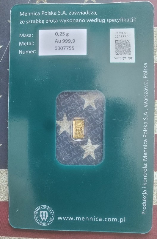 1/4 Gram Mennica Polska Gold Bar 999.9 AU Fine, in Assay Card