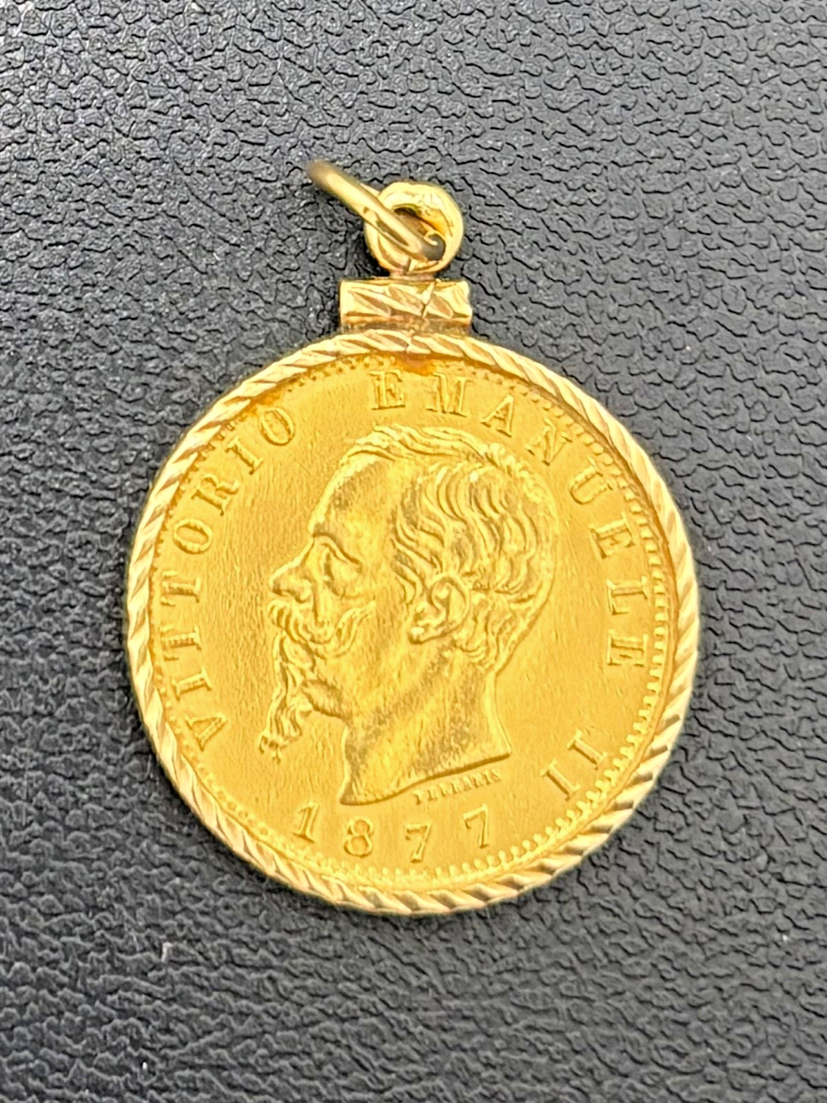 1877 Italy 20 Lire 90% Gold Coin in 14kt Yellow Gold Bezel Pendant 5mm Bale