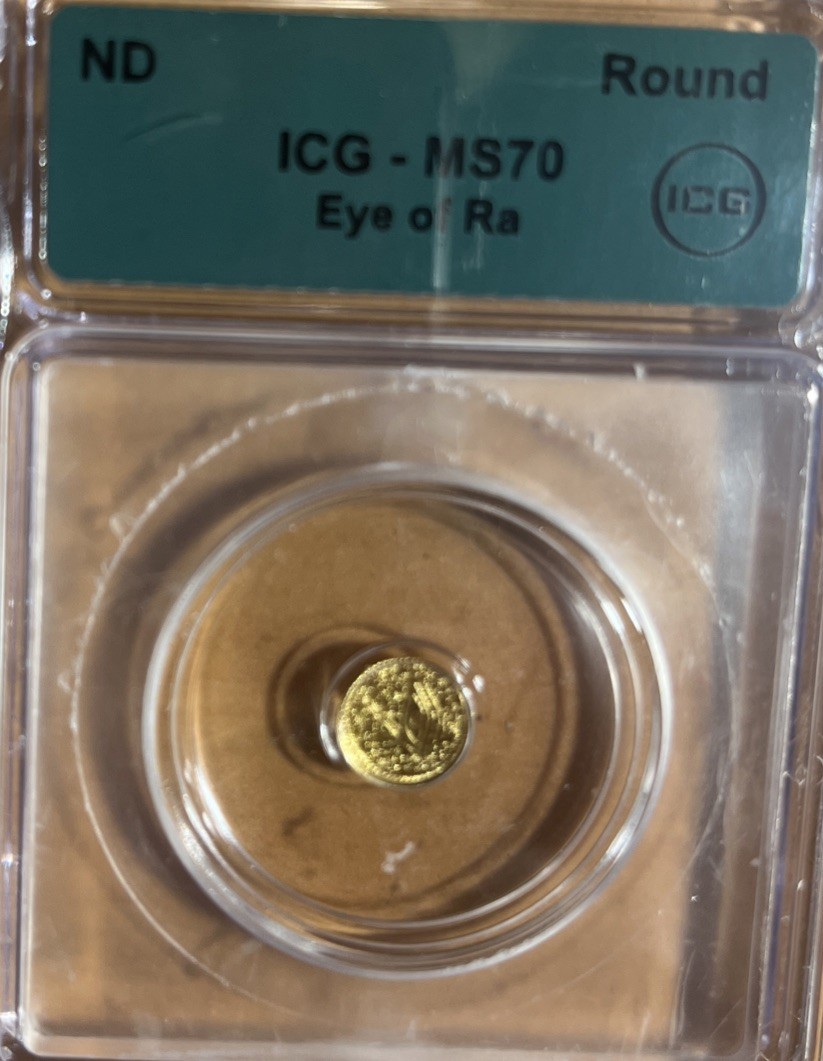 ICG Eye Of Ra Gold Round MS70 Bullion 1/500th Oz .999 Pure Metal Monarch Mint