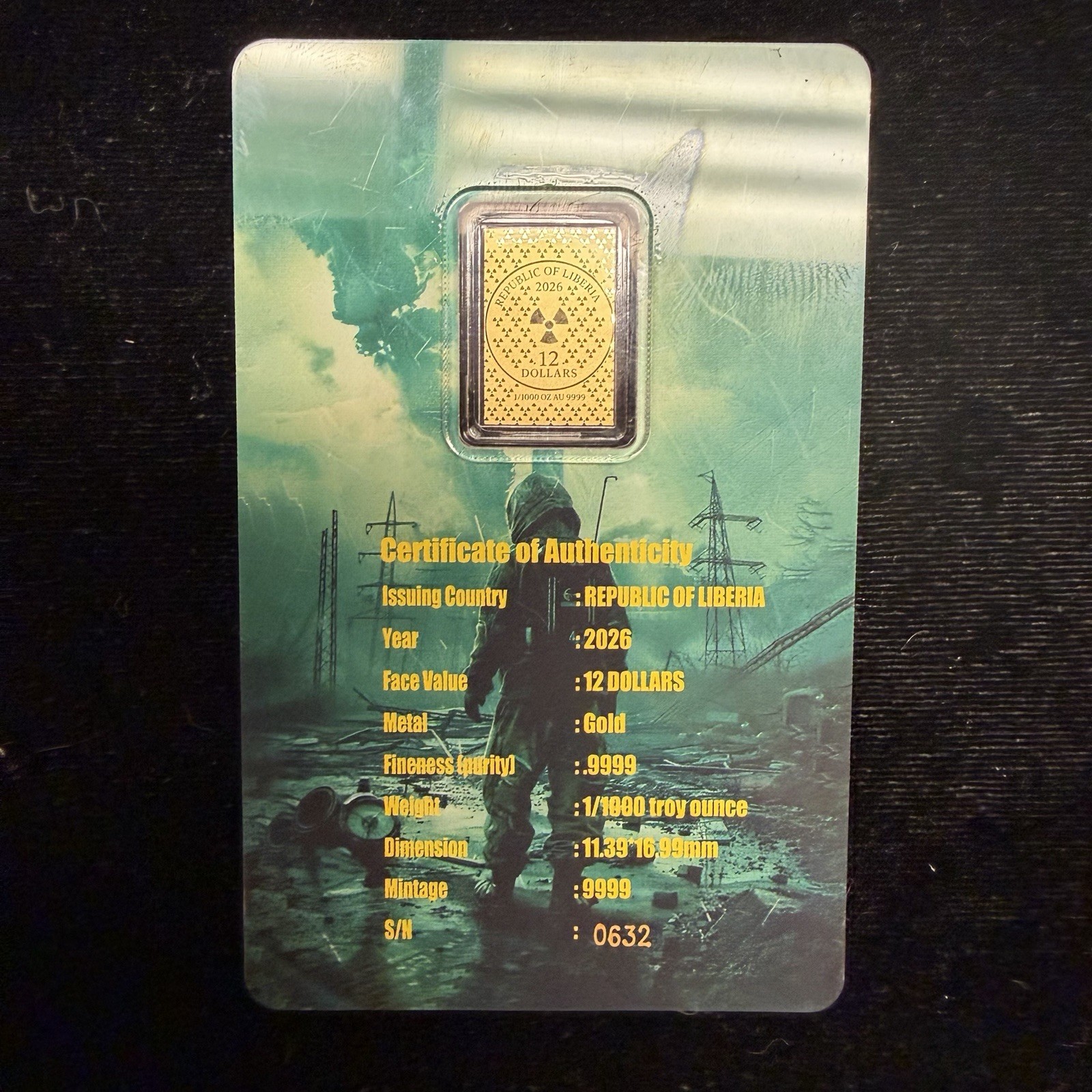 2026 Gold Bar Chernobyl 1986 Radiation Theme in capsule card 1/1000 oz 9999