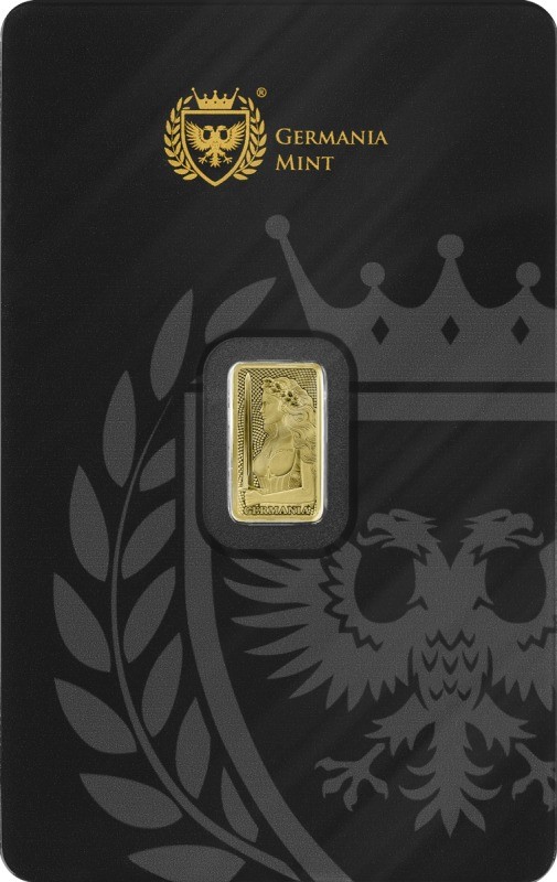 Germania Mint 1/100 Gold Lady Germania Stamped Proof Bar in Card
