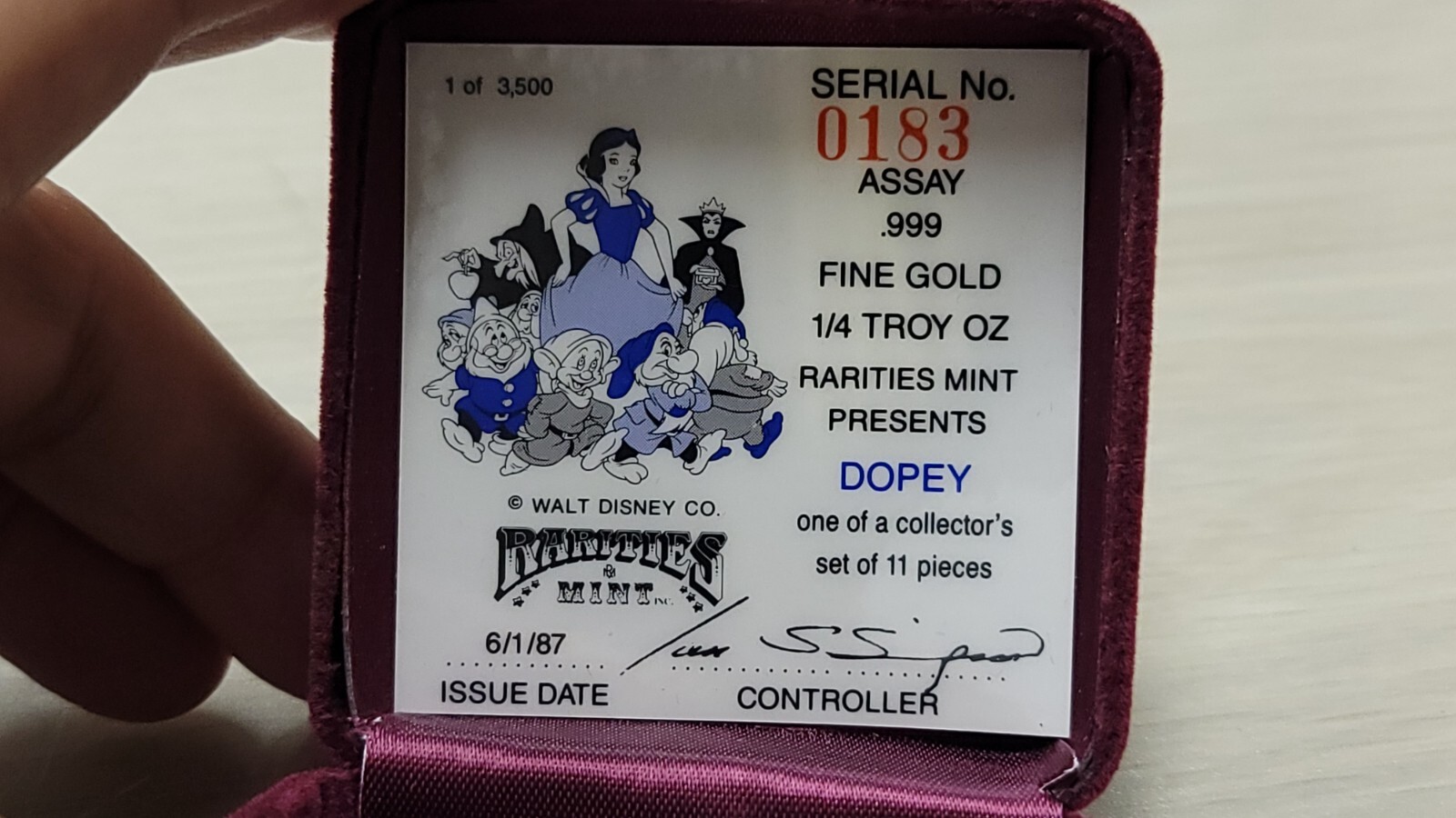1987 Disney Snow White DOPEY 1/4 oz. Gold .999 Coin 50th Anniversary w/COA & BOX