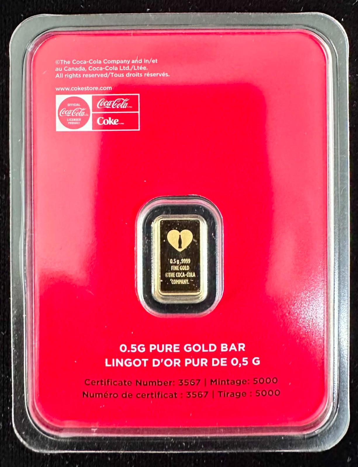 Coca-Cola Valentine’s Day Pamp Suisse .5 gram Gold Bar Special Carded Assay 1/2g