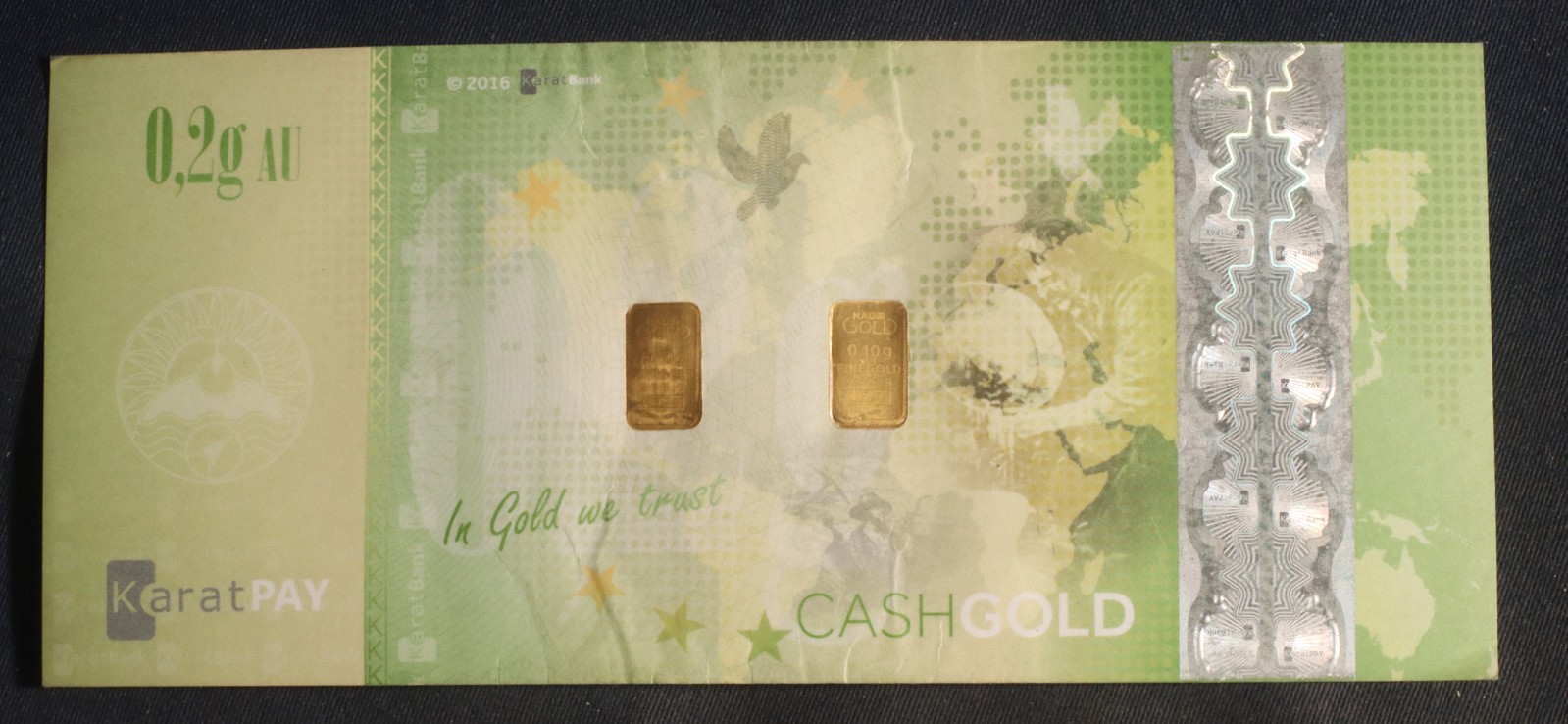 KARATBARS KARATPAY CASHGOLD .9999 FINE GOLD IN NOTES 1.3 GRAM (.1/.2/.4/.6)