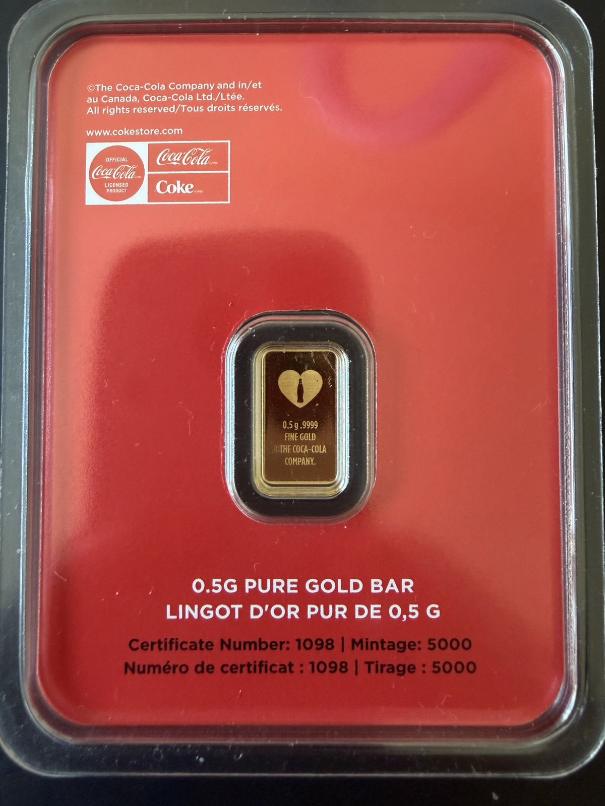 Coca-Cola 1/2 Gram Gold Bar .9999 Fine Gold in Assay Card Valentine Version