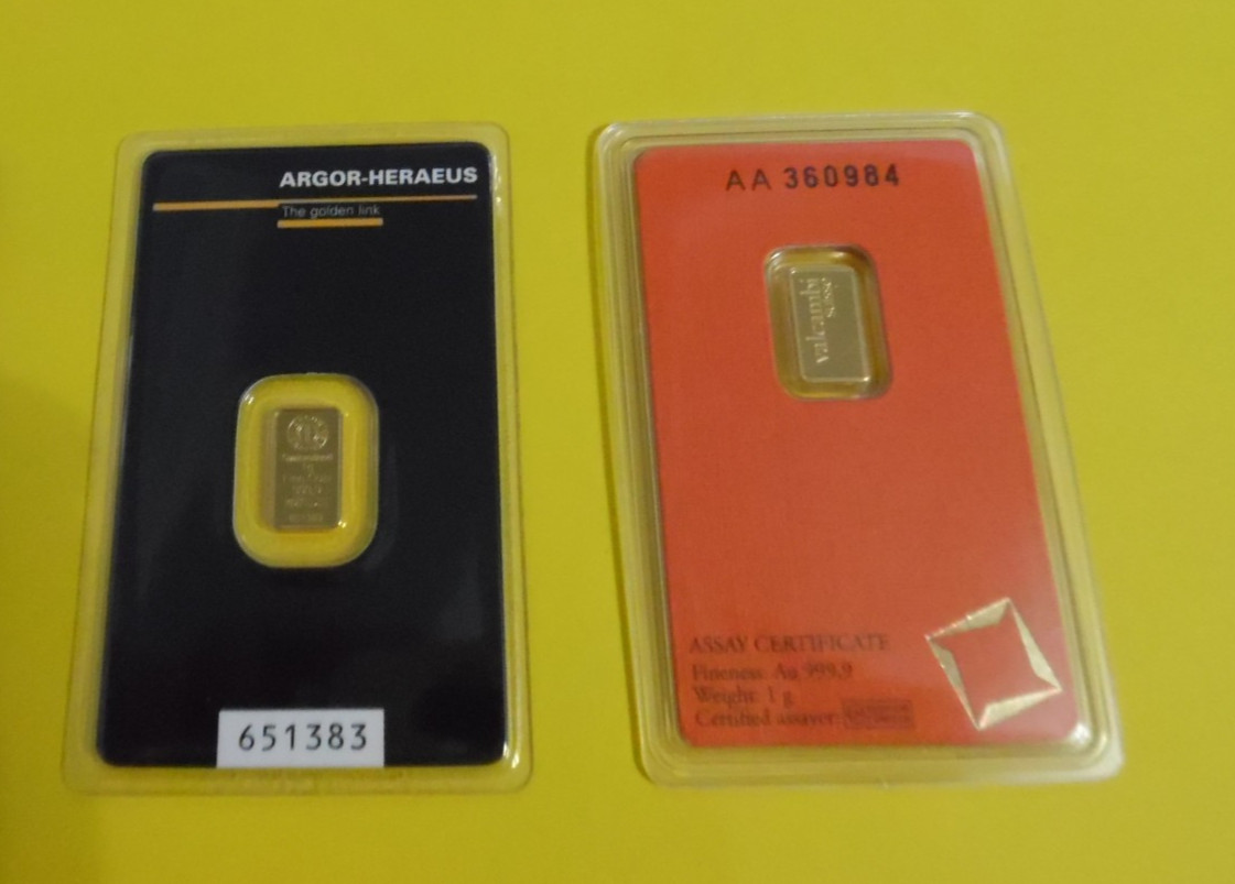 2 Gold Bars 1 Gram Each 999.9 Fine Valcambi and Argor Heraeus Sealed Assay Shown