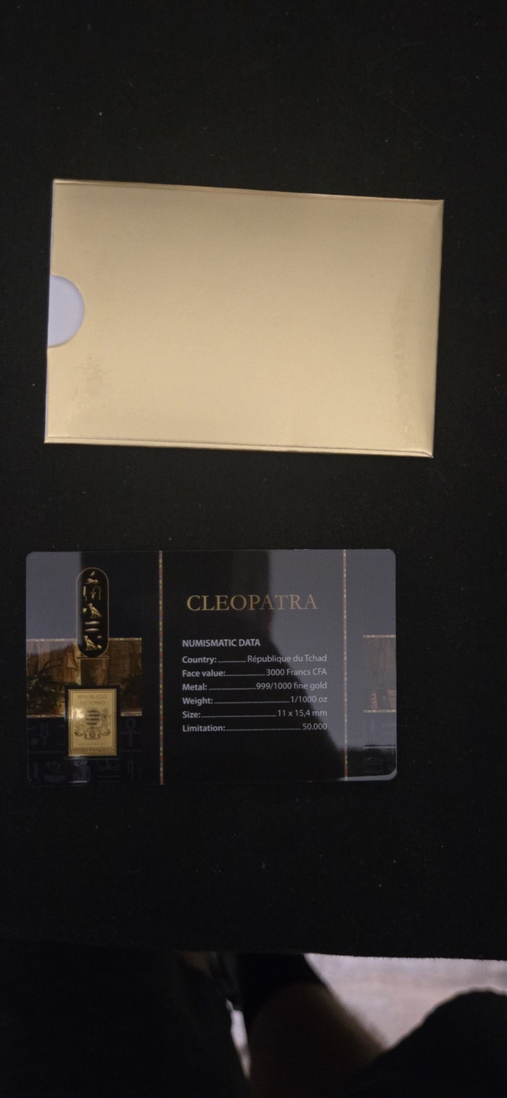 CLEOPATRA 1/1000 Oz .999 Gold in Coin card 3000 Francs Chad 2024