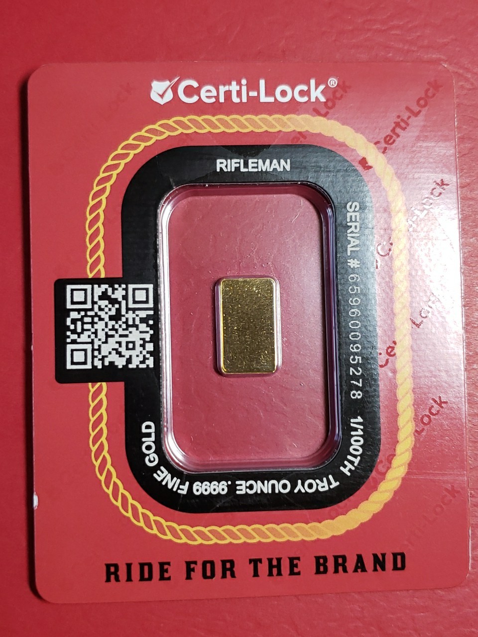 1/100 oz .9999 Gold Bar Cowboy Rifleman Gold Bullion Bar (in Certi-Lock®)