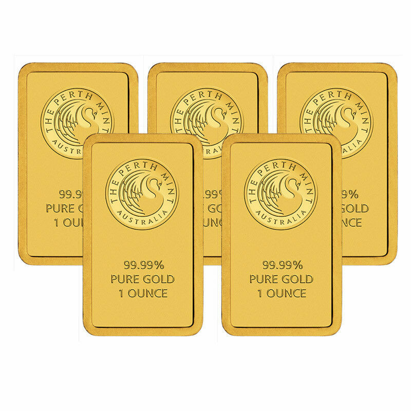 Lot of 5 Gold 1 oz Random Brand .9999 fine Gold Bars in Sealed Assay Cards