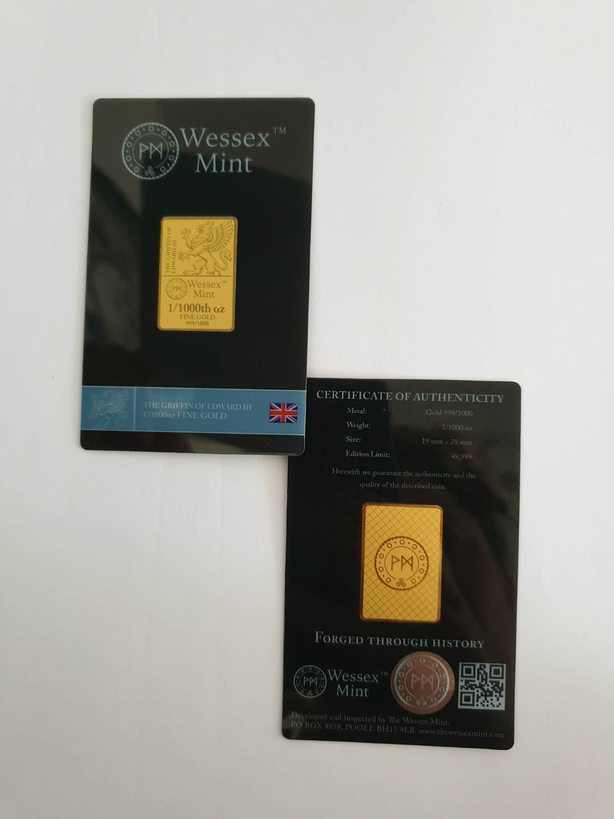1/1000 oz The Griffin Of Edward III 24K Pure Gold Bar- Wessex Mint LBMA Certific