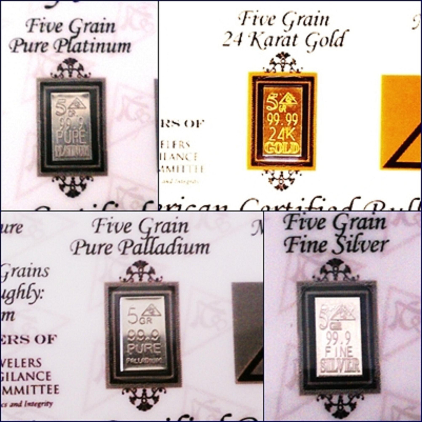 Gold, Silver, Platinum, Palladium, 5GRAIN AU PT PD AG BULLION 4 Bars w/COA’s-$