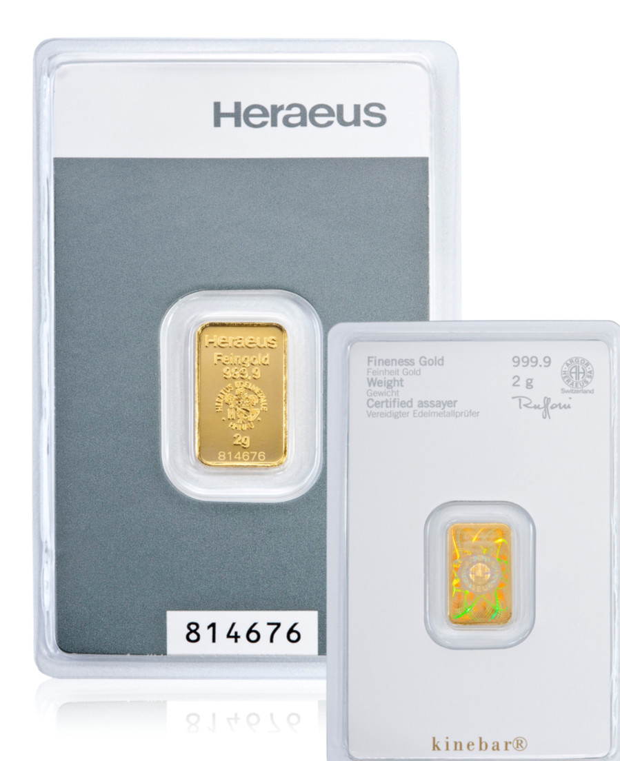 Gold Bar 2 Grams 999.9 Kinebar Heraeus in Blister Card with Certificate New Product
